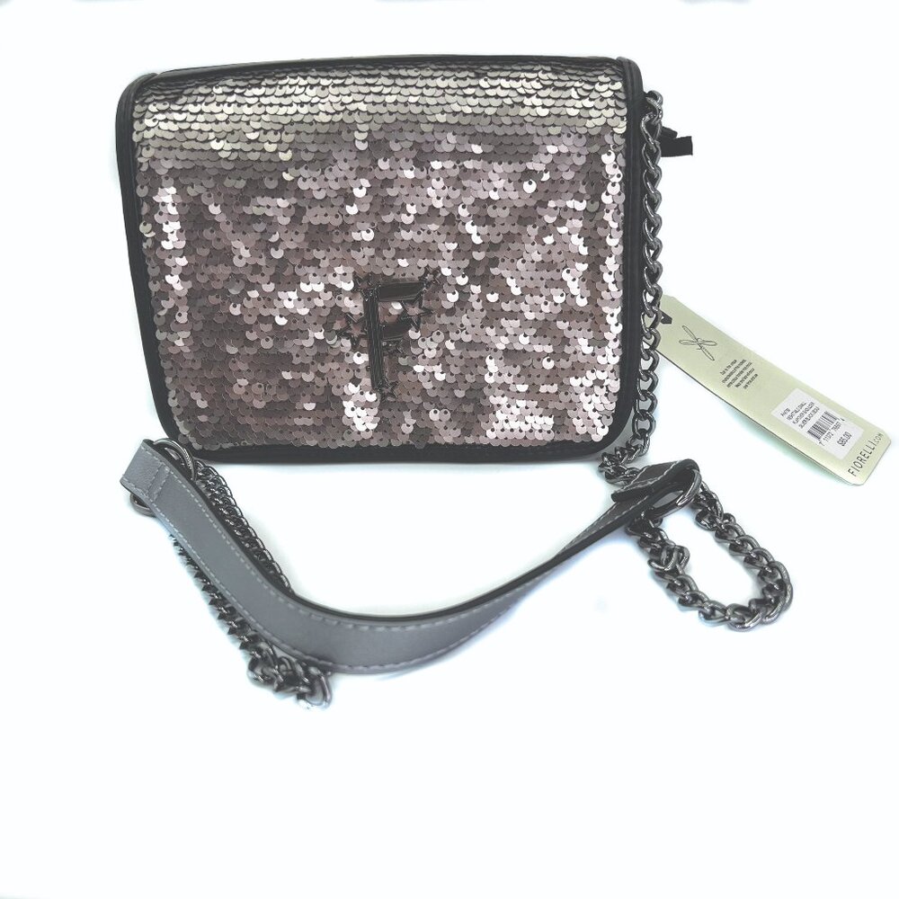 FIORELLI Silver & Black Sequin Nighttails Small Flap Crossbody Chain Strap NWT